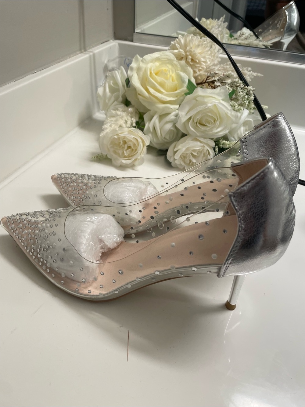 Silver and Clear Pointed Toe Stiletto Heels